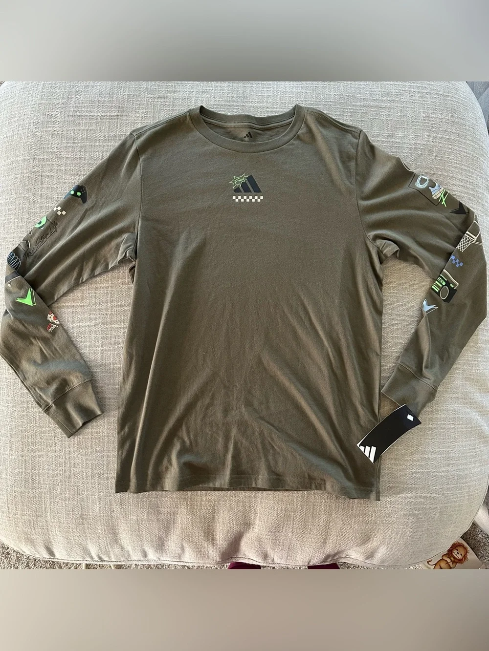 Adidas Kids Play Your Way Long Sleeve T-Shirt Olive Green Graphic-Large NWT